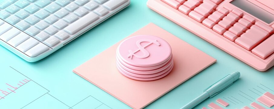 A colorful, modern desk setup featuring pastel keyboards and round coasters, creating a stylish and playful workspace aesthetic.