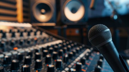 close up of microphone in professional recording studio