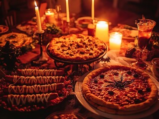 Fototapeta premium Halloween Dinner Party with Pizza and Candles.