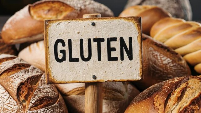 Gluten signboard with bread, Celiac gluten sensitivity IBS SIBO gut issues health allergy