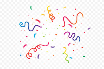 Colorful Confetti And Streamer Ribbon Falling On Transparent Background. Celebration And Happy Birthday. Party Wallpaper. Vector Illustration. Multicolored