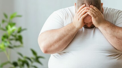 Obese man holding head in hands, concept of chronic obesity and mental health