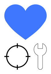 Blue heart, black target reticle, and wrench icons convey themes of love, precision, and repair. Ideal for relationships, technical work, self-improvement, healthcare goals maintenance
