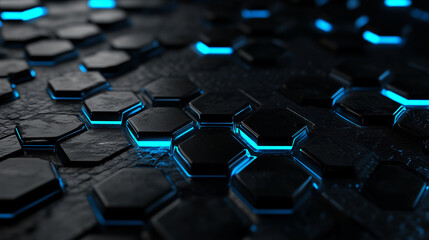 Obraz premium Abstract background of black hexagons with glowing blue lines.