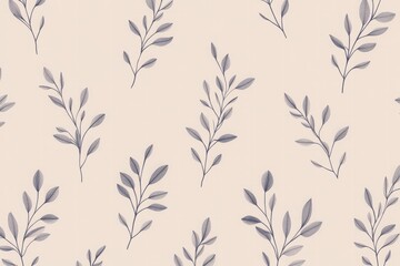 Obraz premium A minimalist pattern featuring small, repeated line-drawn leaves and branches in a soft gray on a pastel background, evoking a natural