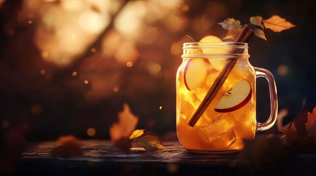 Autumn Apple Cider with Cinnamon Sticks in Mason Jar