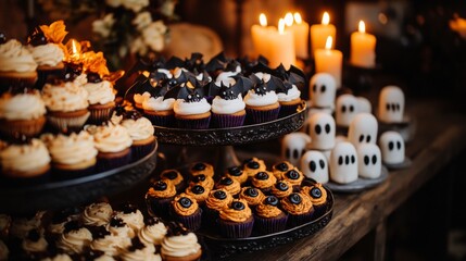 Fototapeta premium Halloween Cupcakes with Bats and Ghosts.