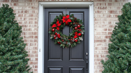 elegant christmas wreath on house door, new year decor, winter, decoration, fir branches, christmas balls, building facade
