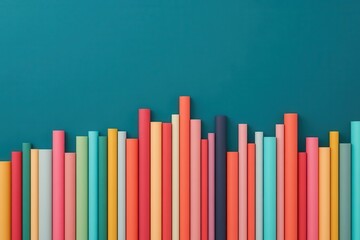 Obraz premium A vibrant display of colorful paper rolls stacked against a teal background, creating a cheerful and artistic atmosphere.