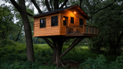 cozy treehouse nestled high in tree, surrounded by lush greenery