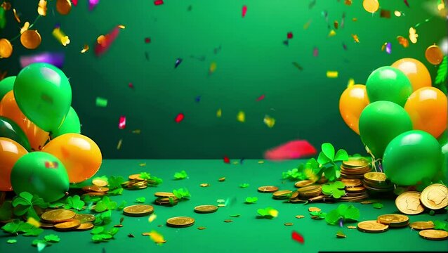 3D background with balloons, confetti, and gold coins on a green table for St. Patrick's Day.