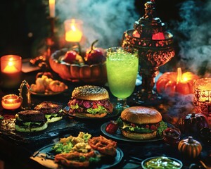 Fototapeta premium Spooky Halloween Feast with Burgers and Green Drink.
