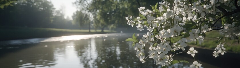 A serene riverside scene with blooming flowers and morning light reflecting on the water.