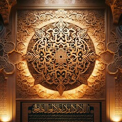 Naklejka premium Intricate Islamic calligraphy displayed in golden light on the walls of a mosque, reflecting spiritual art.