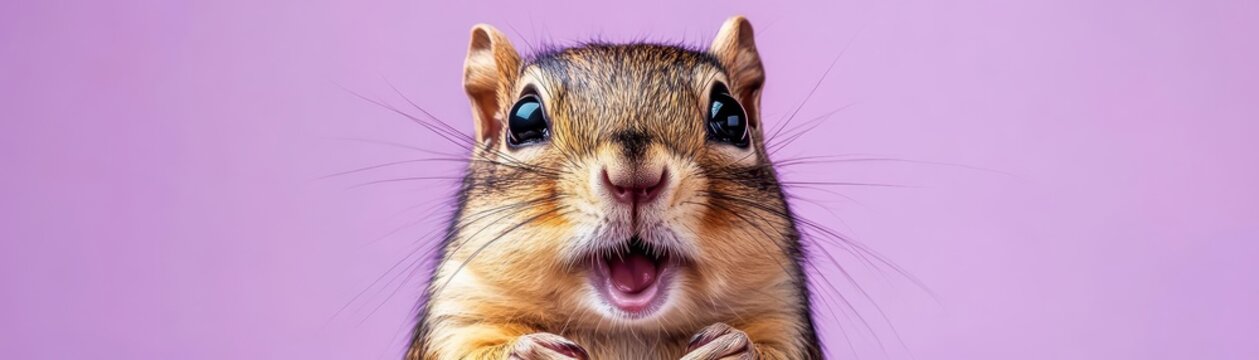 Adorable chipmunk with a comically surprised look, cheeks puffed and wide eyes, on a pastel purple background, sweet and lively