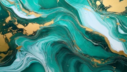 Green and Turquoise Abstract Fluid Art with Gold Veins and Marble Texture