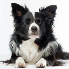 Obraz premium A black and white Border Collie dog with long fur is lying down with its eyes closed.