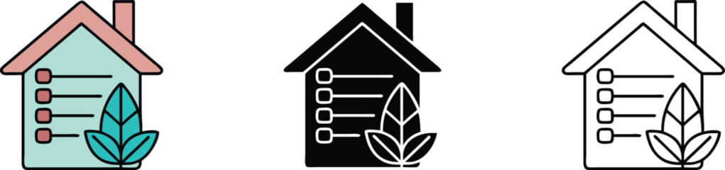 House Icon Set with Leaf and Checklist