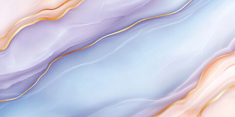 Intricate marble pattern with fluid mix of pale blue, lavender, and peach, accented by golden lines, creating serene and elegant design