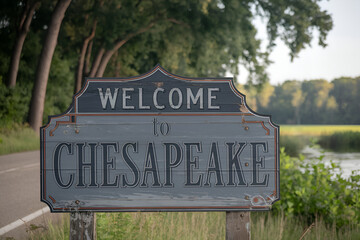 Beautiful wooden "Welcome to Chesapeake" sign, perfect for US city entrance road signs, travel signage, urban landmarks, and city-themed promotional projects.