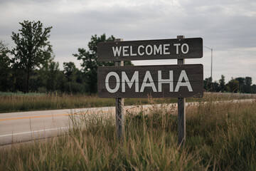 Beautiful wooden "Welcome to Omaha" sign, perfect for US city entrance road signs, travel signage, urban landmarks, and city-themed promotional projects.