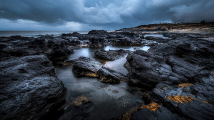 The coastline reveals a dramatic arrangement of dark, jagged rocks jutting out of the water under a gloomy sky at dusk, creating an atmospheric scene.