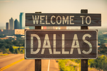 Elegant wooden "Welcome to Dallas" sign, perfect for US city entrance road signs, travel signage, urban landmarks, and city-themed promotional projects.