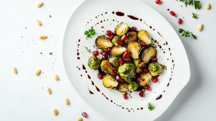 Roasted Brussels Sprouts with Pomegranate Seeds: Top View on White Ceramic Platter, Enhanced by Balsamic Glaze and Pine Nuts. Clean, Sharp Focus, Studio Lighting.