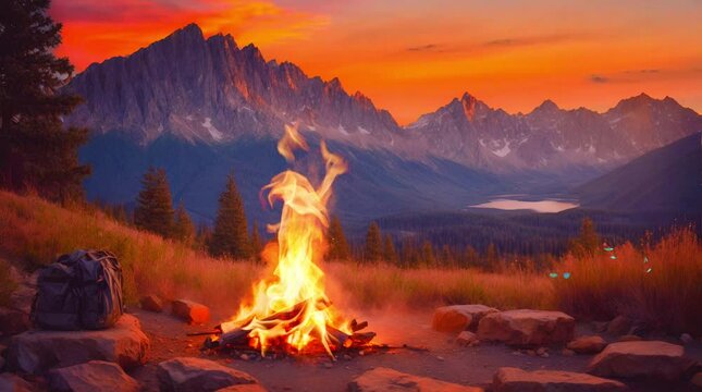 Cozy Campfire Vector Art with Colorful Sunset and Cartoon Landscape