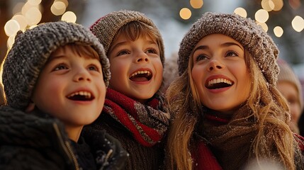 A mother and her two sons look up in awe at the Christmas lights.