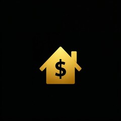Obraz premium Minimalistic golden silhouette of house icon with dollar symbol inside, symbolizing real estate sale on black background