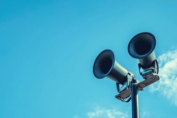 
Close-up of two loudspeakers on a pole with a blue sky background.