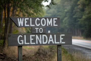Elegant wooden "Welcome to Glendale" sign, perfect for US city entrance road signs, travel signage, urban landmarks, and city-themed promotional projects.