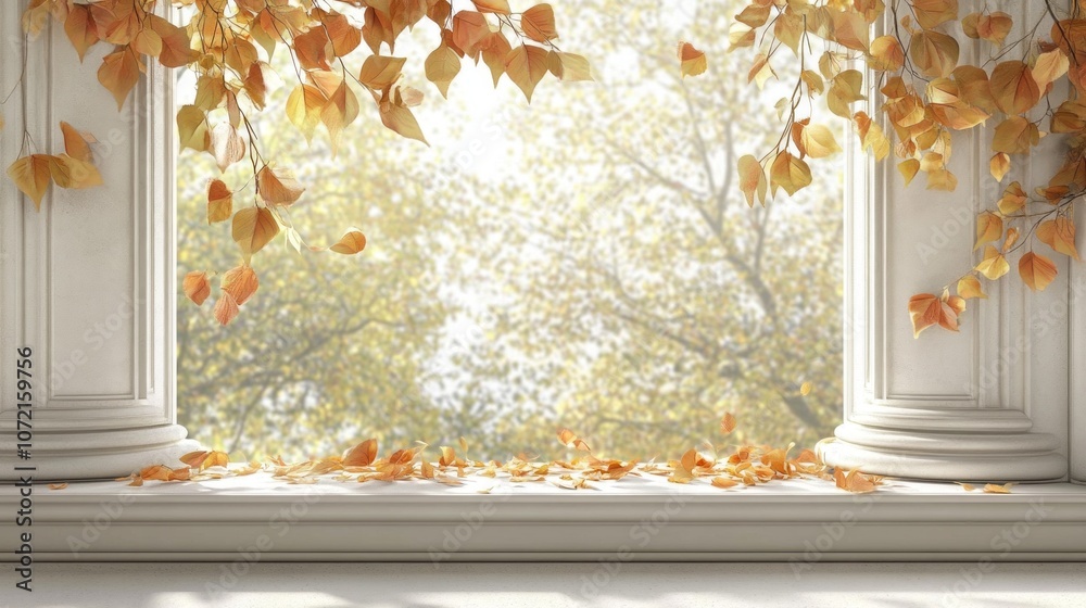 Poster A window with a view of trees and leaves falling