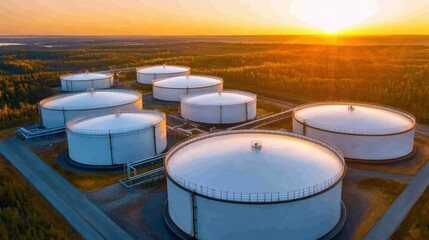 Oil storage facility with large white tanks illuminated by sunset light in an expansive landscape