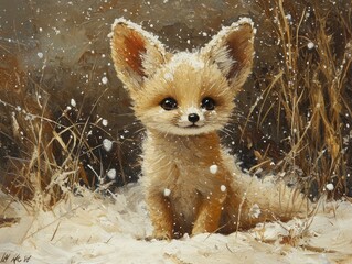 Obraz premium Fennec fox kit with enormous ears playfully dusted with snowflakes in a winter wonderland