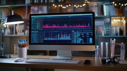 Computer monitor on desk displaying data charts in home office
