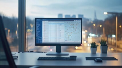 Naklejka premium Modern office workstation with desktop computer displaying software for data analysis and mapping, alongside potted plants cityscape view