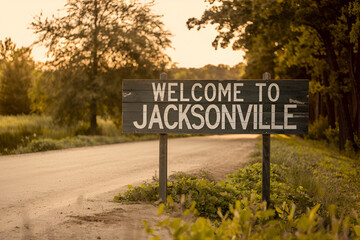 Elegant wooden "Welcome to Jacksonville" sign, perfect for US city entrance road signs, travel signage, urban landmarks, and city-themed promotional projects.
