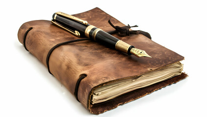 A vintage leather journal with brass accents, open to display blank pages and an elegant fountain pen resting on top of the cover