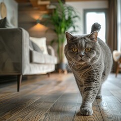 A gray cat is walking on the wooden floor towards the camera in the living room