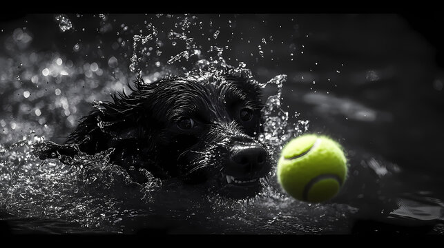 Photographie ia d'un chien noir plongeant pour attraper une balle de tennis dans l'eau. Noir. Illustration