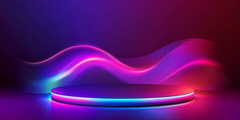 Abstract podium with glowing neon lights and sound waves for product presentation background.