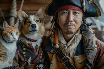 Obraz premium A pirate with a cat and a dog