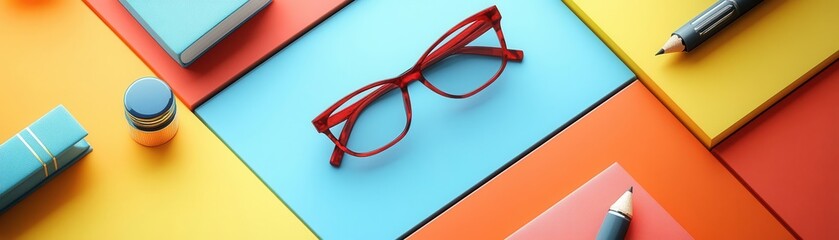 Colorful workspace with red glasses, stationery, and vibrant paper, creating an inviting and creative atmosphere.