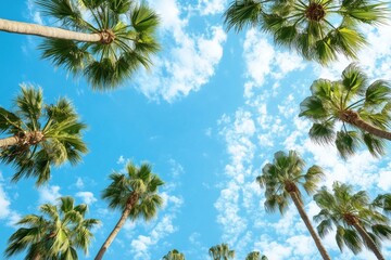 Palm trees against blue sky with clouds, tropical paradise view