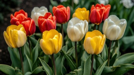 A vibrant display of tulips in various colors blooming in a garden setting.