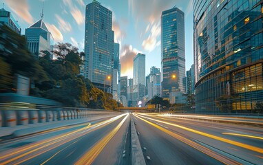 Fototapeta premium Hong Kong city street with light trails at sunset