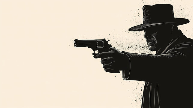 Silhouette of a mysterious man in noir style with a gun, ideal for crime story backgrounds or thriller promotions. Noir. Illustration