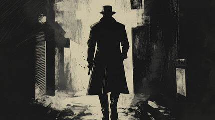 Silhouetted detective in trench coat walking down dark alley, film noir, mystery novel cover. Noir. Illustration